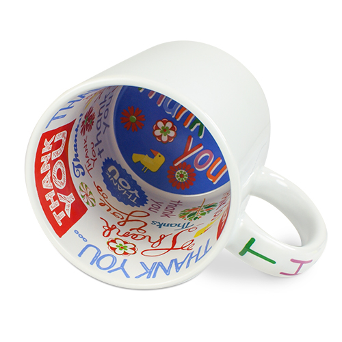 Keramik-Mottotasse 11oz weiß, mit Innendruck - THANKS